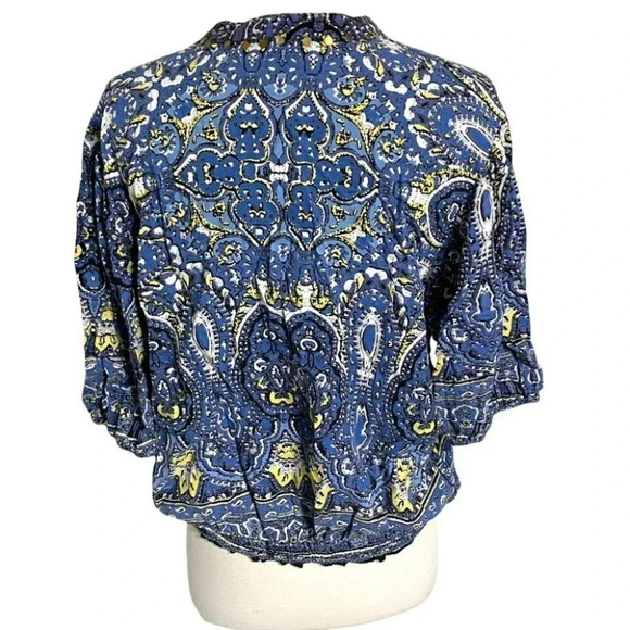 Angie XL blue white yellow boho print top with gold embellishments Y2K Hippie - Picture 2 of 5